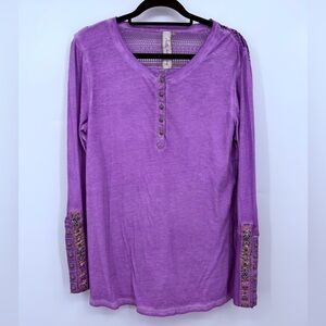 Aratta Silent Journey Purple Lace Back Henley Long Sleeve Top Small